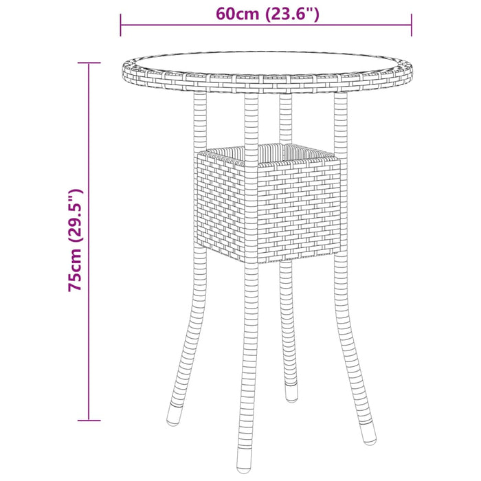 Garden Table Ø60x75 cm Tempered Glass and Poly Rattan Beige.