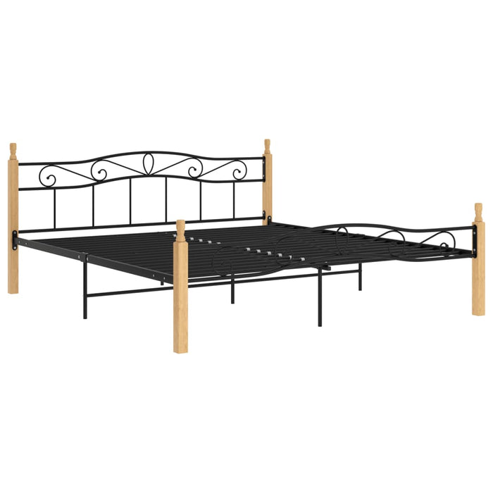 Bed Frame Black Metal and Solid Oak Wood 200x200 cm.