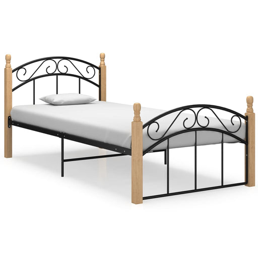 Bed Frame Black Metal and Solid Oak Wood 90x200 cm.
