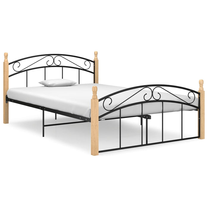 Bed Frame Black Metal and Solid Oak Wood 140x200 cm.