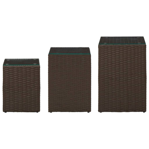 Side Tables 3 pcs with Glass Top Brown Poly Rattan.
