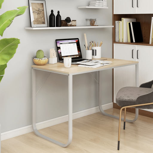 Computer Desk White and Oak 110x60x73 cm Engineered Wood.