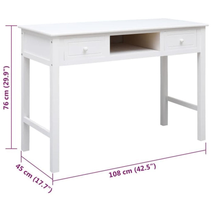 Desk White 108x45x76 cm Solid Wood Paulownia.