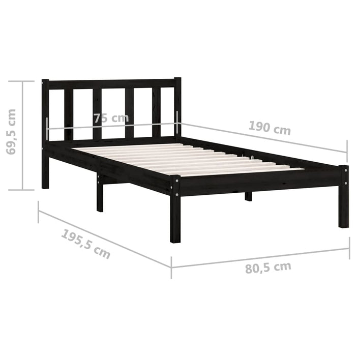 Bed Frame Black Solid Pinewood 75x190 cm 2FT6 Small Single.