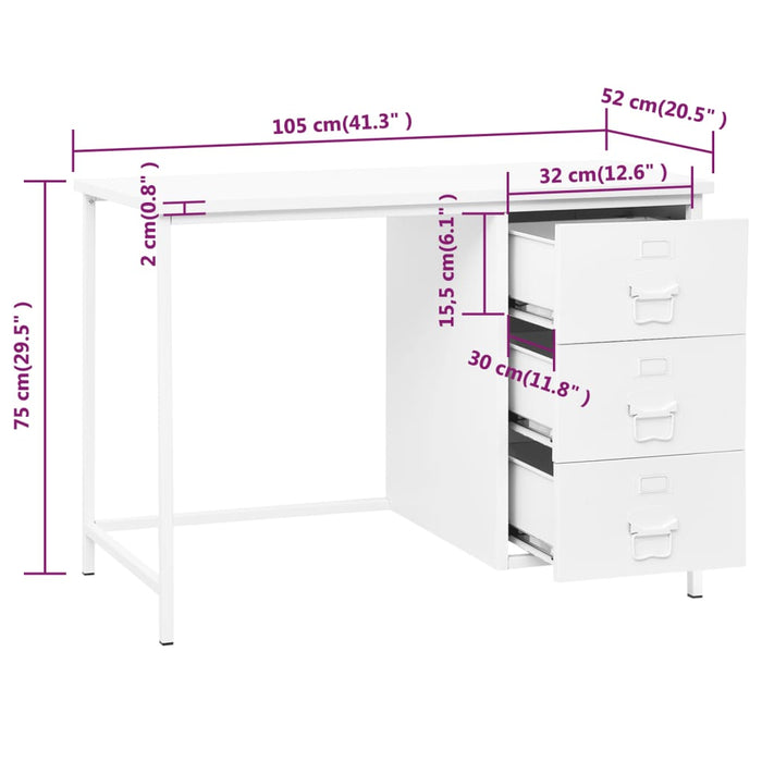 Industrial Desk with Drawers White 105x52x75 cm Steel.