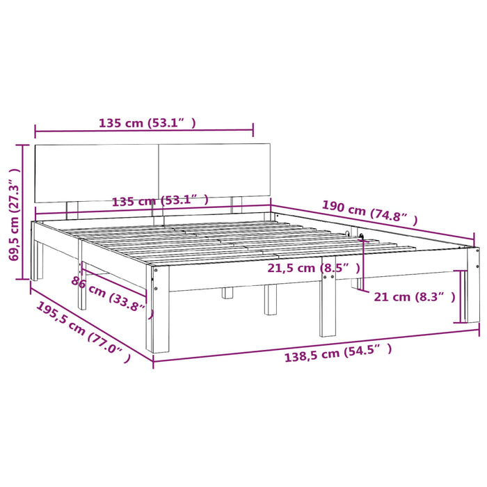 Bed Frame Grey Solid Wood 140x200 cm 4FT6 Double.