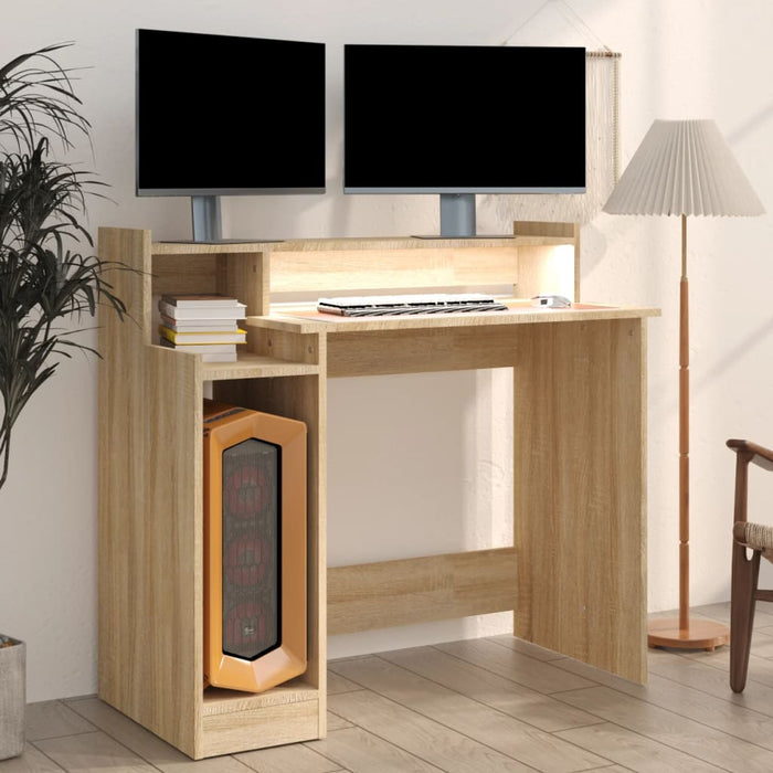 Desk with LED Lights Sonoma Oak 97x45x90 cm Engineered Wood.