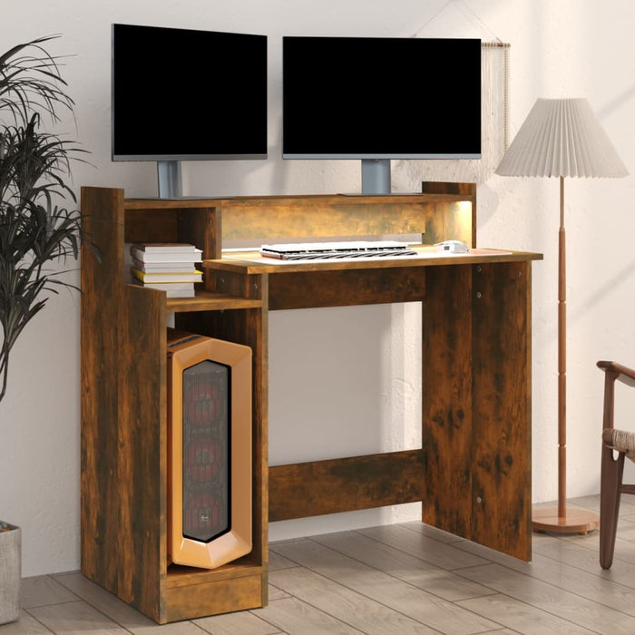Desk with LED Lights Smoked Oak 97x45x90 cm Engineered Wood.