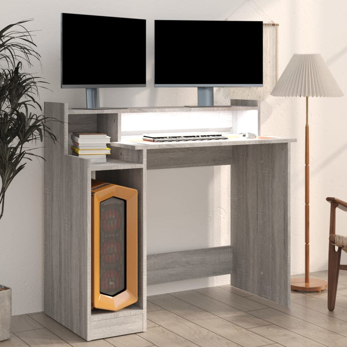 Desk with LED Lights Grey Sonoma 97x45x90 cm Engineered Wood.