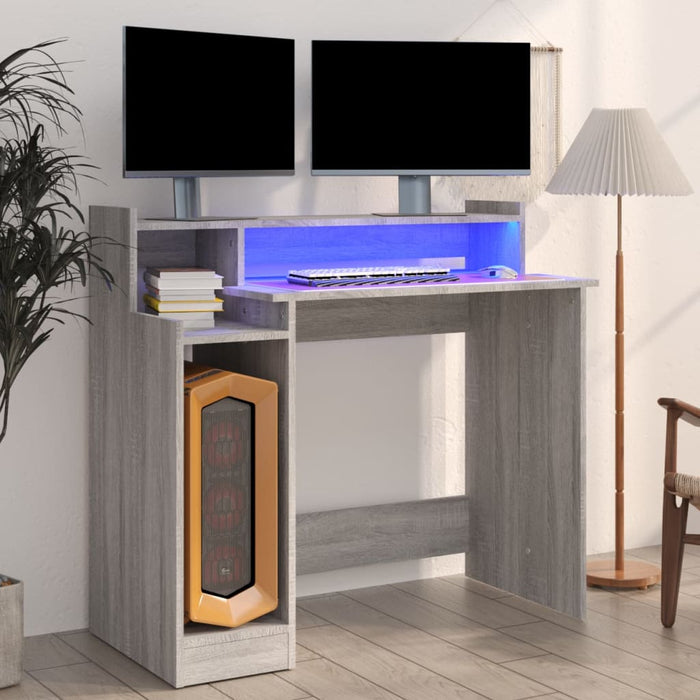 Desk with LED Lights Grey Sonoma 97x45x90 cm Engineered Wood.