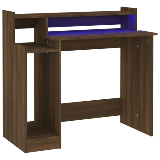 Desk with LED Lights Brown Oak 97x45x90 cm Engineered Wood.