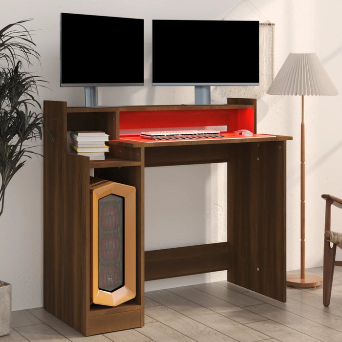 Desk with LED Lights Brown Oak 97x45x90 cm Engineered Wood.