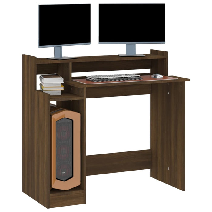 Desk with LED Lights Brown Oak 97x45x90 cm Engineered Wood.