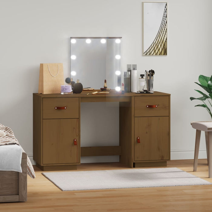 Dressing Table Set with LED Honey Brown Solid Wood Pine.
