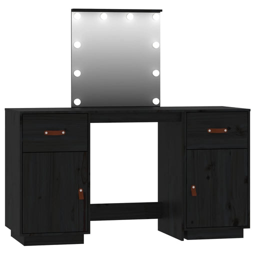 Dressing Table Set with LED Black Solid Wood Pine.