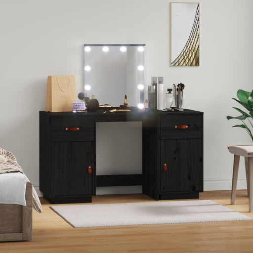 Dressing Table Set with LED Black Solid Wood Pine.