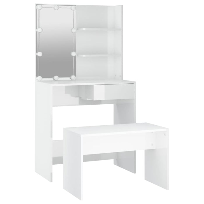 Dressing Table Set with LED High Gloss White Engineered Wood