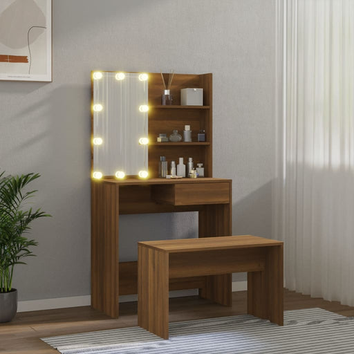 Dressing Table Set with LED Brown Oak Engineered Wood.
