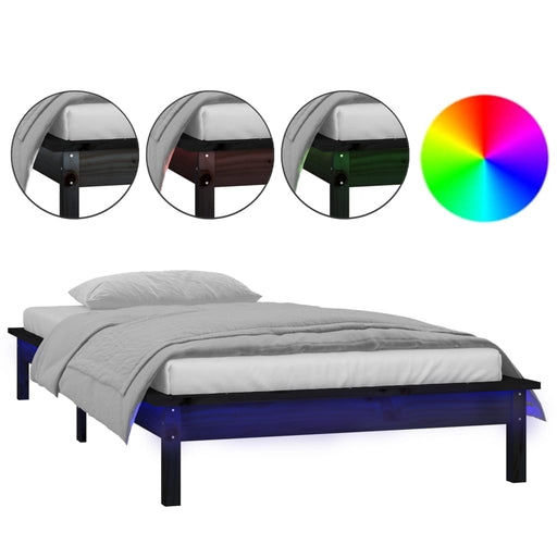 LED Bed Frame Black 90x200 cm Solid Wood.