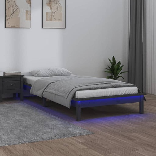 LED Bed Frame Grey 100x200 cm Solid Wood.