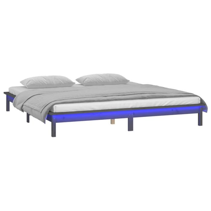 LED Bed Frame Grey 160x200 cm Solid Wood.