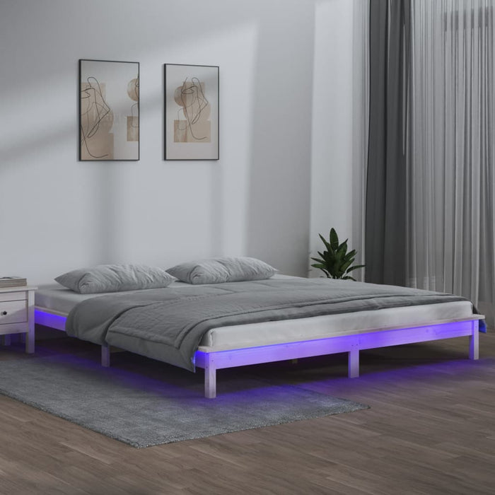 LED Bed Frame White 200x200 cm Solid Wood.