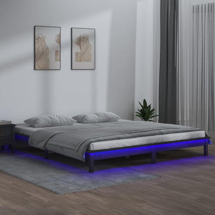 LED Bed Frame Grey 200x200 cm Solid Wood.