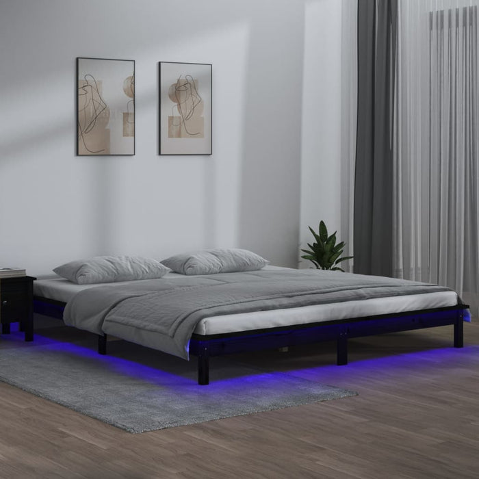 LED Bed Frame Black 200x200 cm Solid Wood.