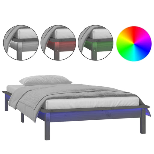 LED Bed Frame Grey 90x190 cm 3FT Single Solid Wood.