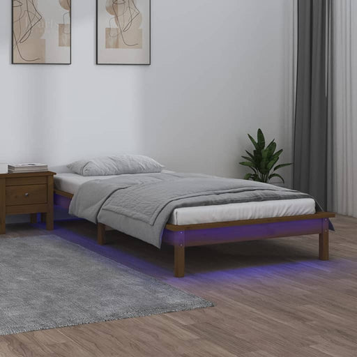 LED Bed Frame Honey Brown 90x190 cm 3FT Single Solid Wood.