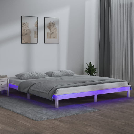 LED Bed Frame White 140x190 cm Solid Wood.