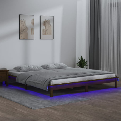 LED Bed Frame Honey Brown 140x190 cm Solid Wood.