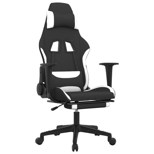 Swivel Gaming Chair with Footrest Black and White Fabric.