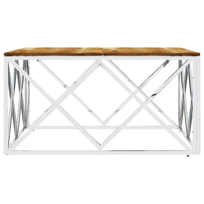 Coffee Table Silver Stainless Steel and Solid Wood Acacia
