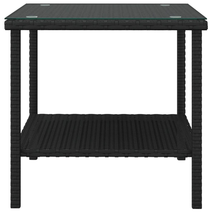 Side Table Black 45x45x45 cm Poly Rattan and Tempered Glass.