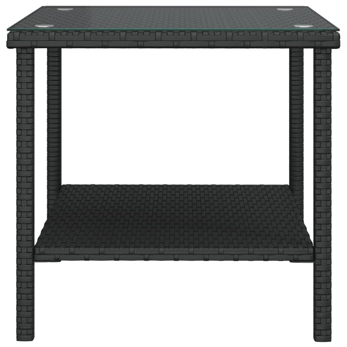 Side Table Black 45x45x45 cm Poly Rattan and Tempered Glass.