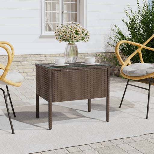 Side Table Brown 53x37x48 cm Poly Rattan and Tempered Glass.