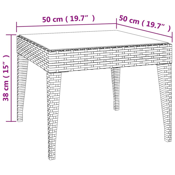 Side Table Black 50x50x38 cm Poly Rattan and Tempered Glass.