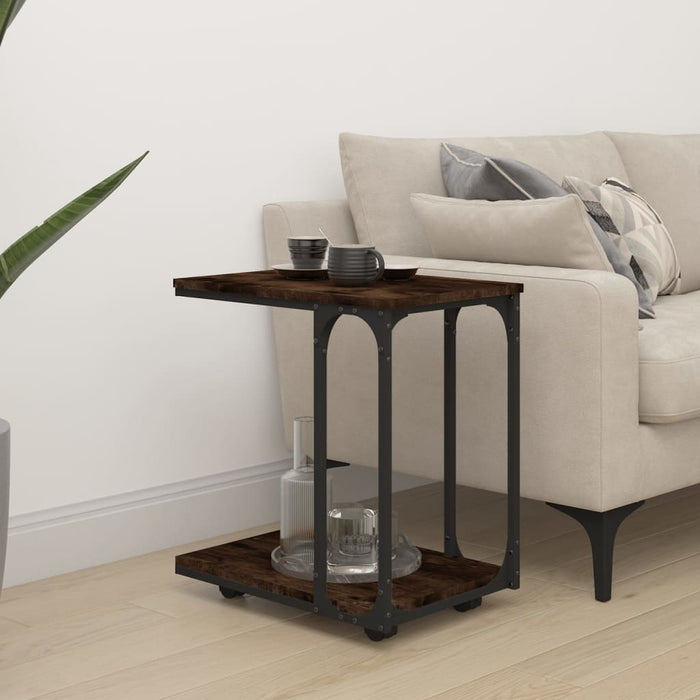 Side Table with Wheels Smoked Oak Engineered Wood 50 cm
