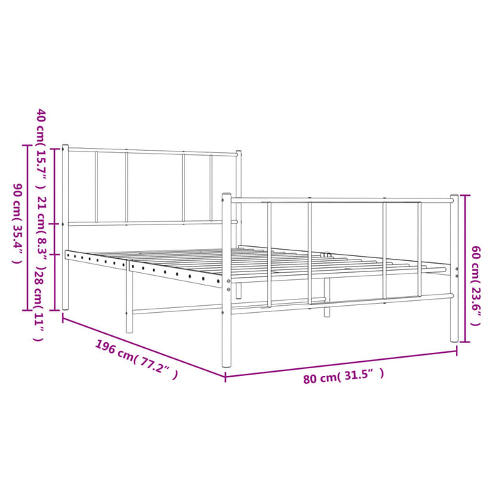 Metal Bed Frame with Headboard and Footboard White 2FT6 Small Single