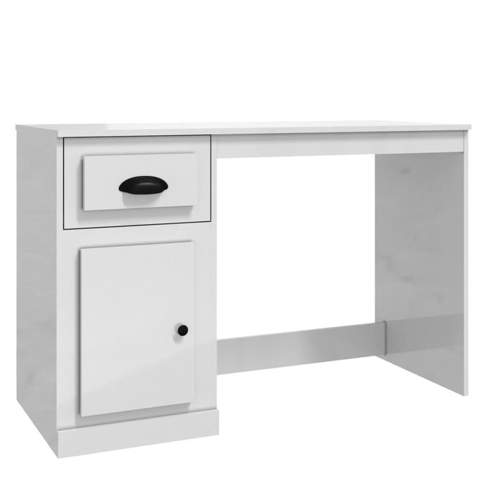 Desk with Drawer High Gloss White Engineered Wood 115 cm