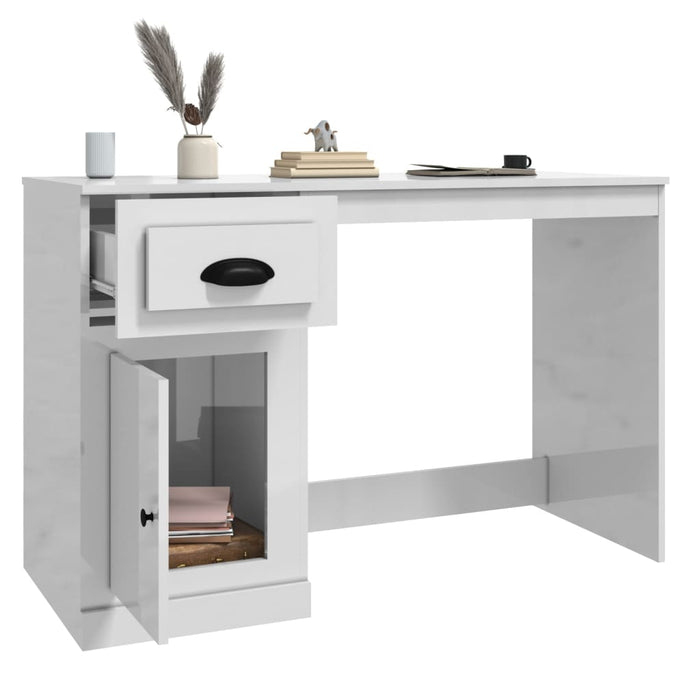 Desk with Drawer High Gloss White Engineered Wood 115 cm