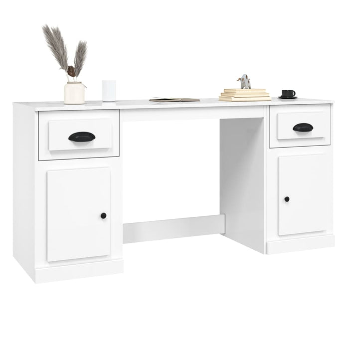 Desk with Cabinet High Gloss White Engineered Wood