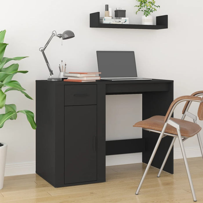 Desk with Cabinet Black Engineered Wood.