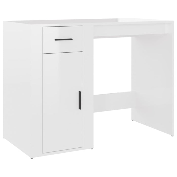 Desk with Cabinet High Gloss White Engineered Wood.