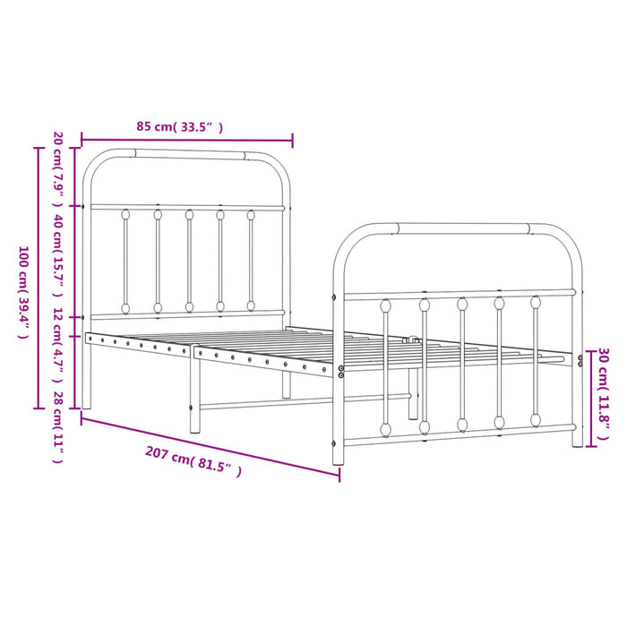 Metal Bed Frame with Headboard and Footboard White 80 cm