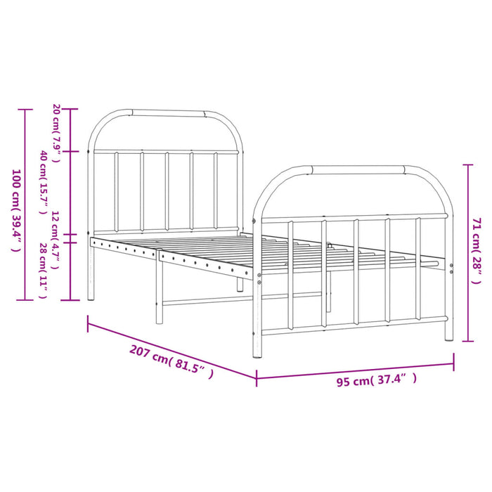 Metal Bed Frame with Headboard and Footboard White 90 cm