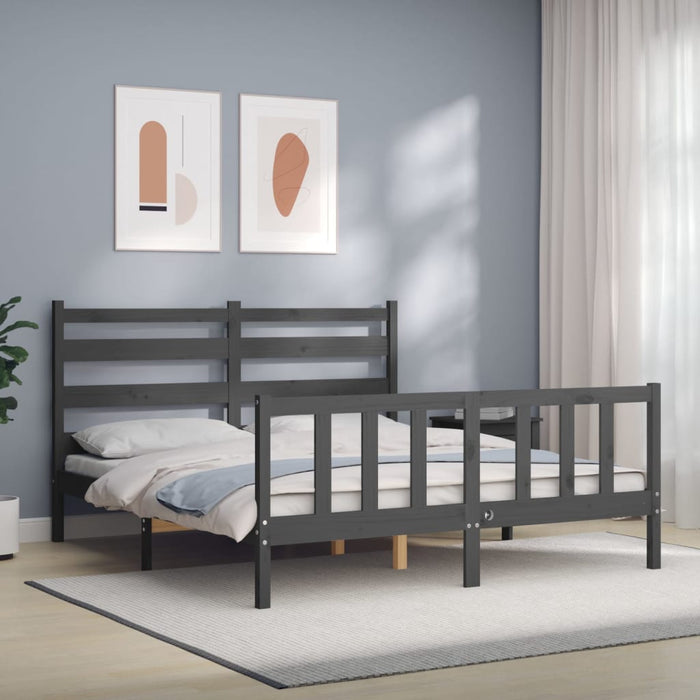 Bed Frame with Headboard Grey Solid Wood 160 cm