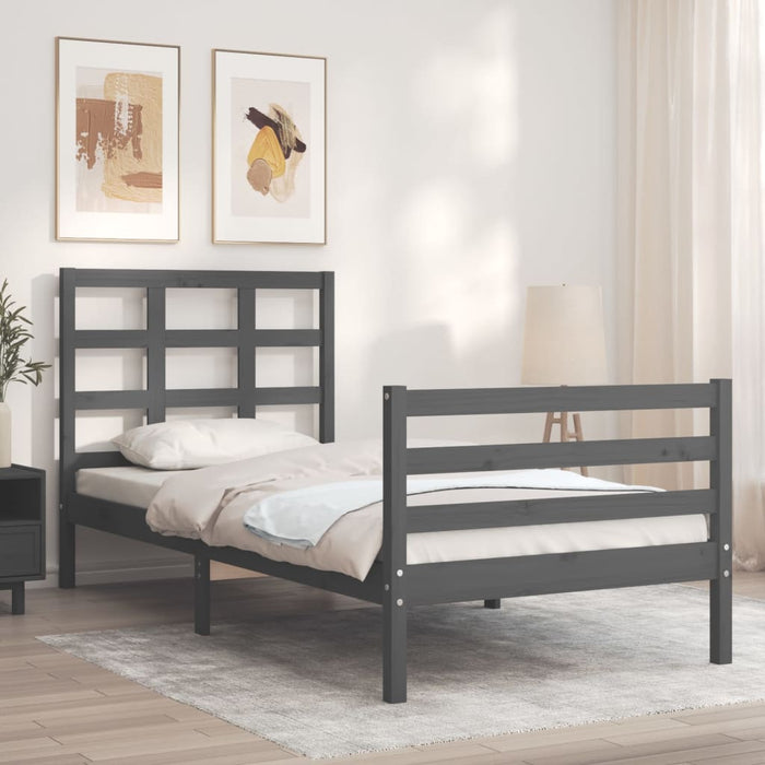 Bed Frame with Headboard Grey Solid Wood 90 cm