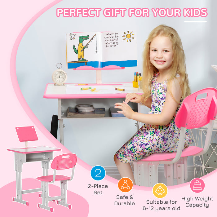 Kids Desk and Chair Set, Height Adjustable Study Table Set with Storage Drawer, Book Stand, Cup Holder, Pen Slot, Pink